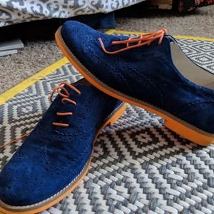 Blue and orange loafers